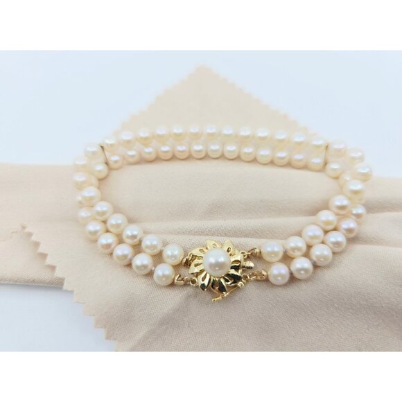 Jewelry - Unique 14K Karat Solid Yellow Gold Designer 2 Row Pearl Link Bracelet - 7.25" L